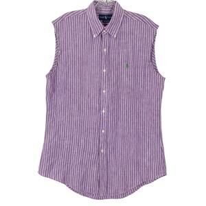 nwot RALPH LAUREN Shirt Dress Tunic M Linen Purple Stripe Logo RawEdge Button-Up